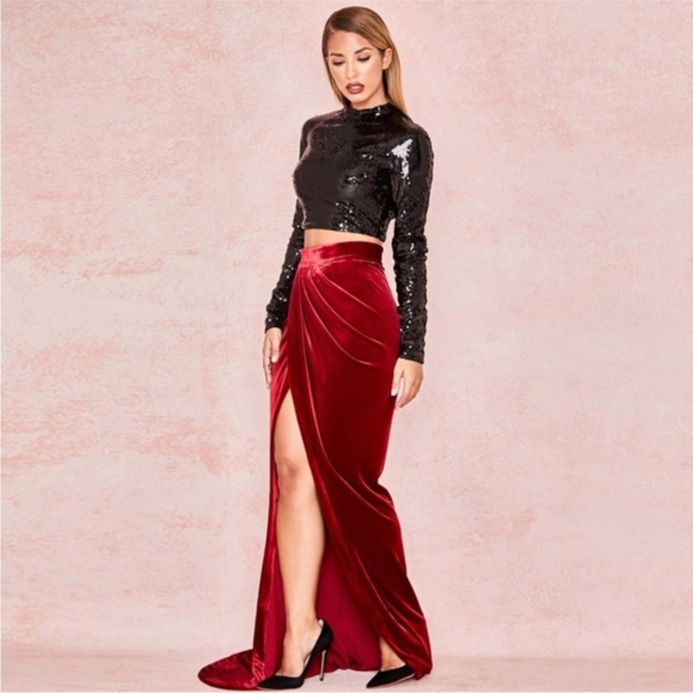 NWT House of CB Therina Velvet Maxi Skirt Red Wine Burgundy XS US 2 4